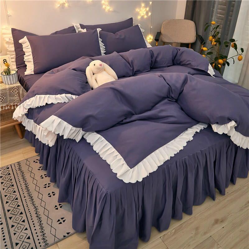 Net Red Korean Princess Style Bettrock Vierteiliger Bettbezug mit Herzspitze für Mädchen Studentenwohnheimbettwäsche