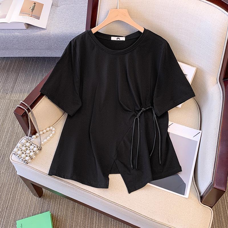 

Женская летняя повседневная футболка больших размеров из черно-белой ткани с дышащим китайским стилем и асимметричным дизайном L чёрный