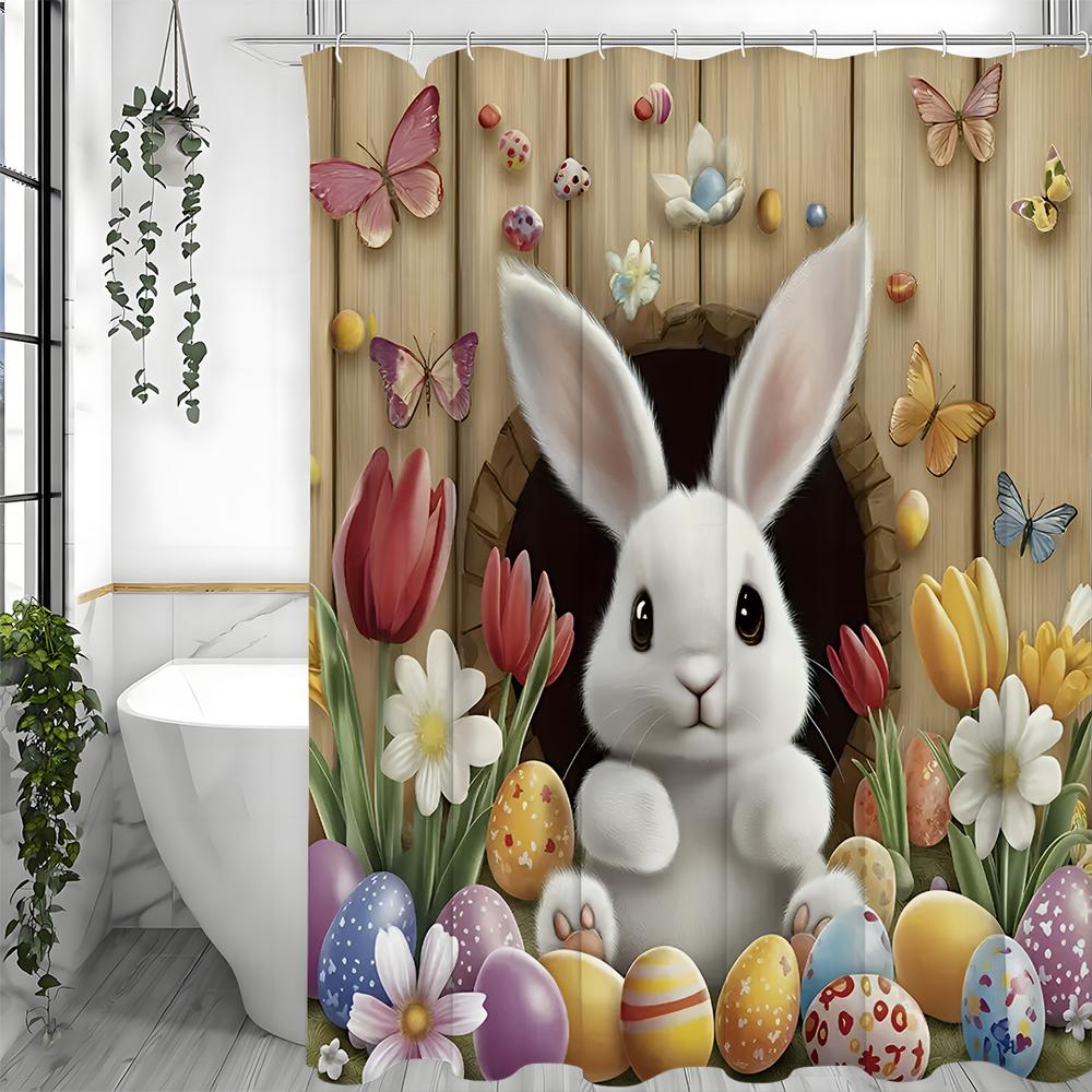 Easter Cute Bunny Shower Curtain, Tree Hole Floral Egg Butterfly Bathroom Decorative Shower Curtain, Waterproof Shower Curtain w