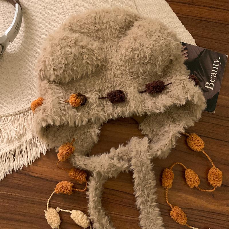 Căciulă caldă de pluș cu urechi de ursuleț și pisică, cu fundă, pentru femei – Protecție pentru urechi de toamnă/iarnă cu design cu față deschisă