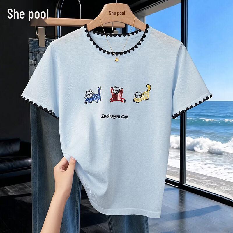 Tachi Women s Cartoon Embroidered Ice Silk Knit T-Shirt One Size светло-синий