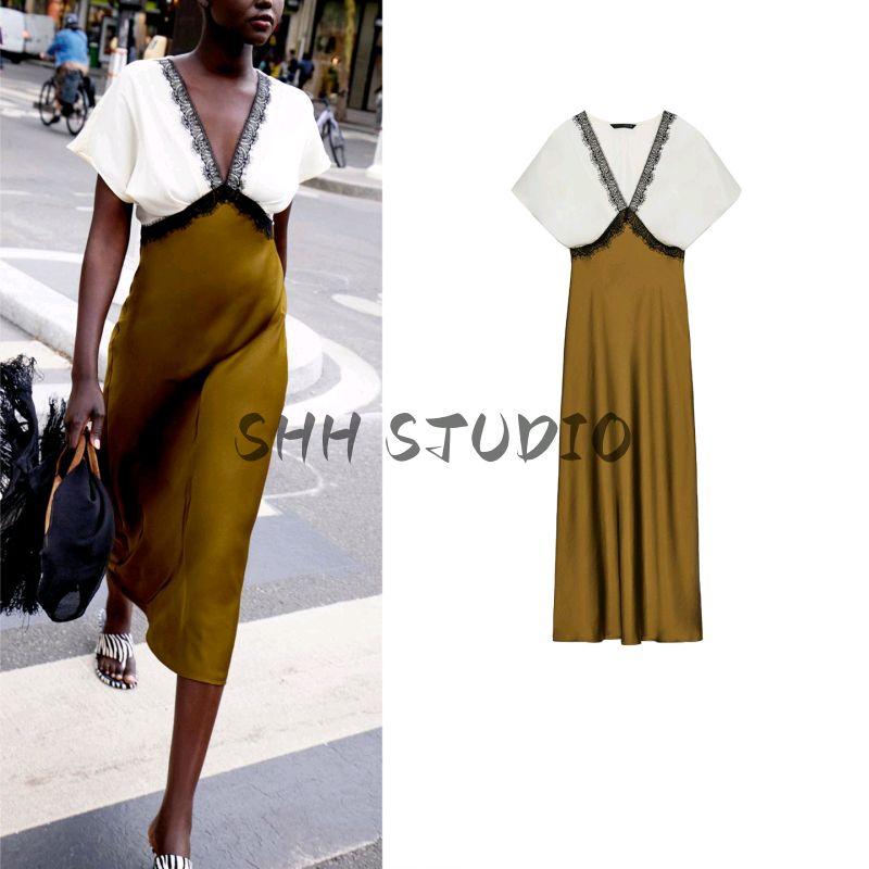 Autumn New Women clothes French style V-neck Short sleeve Contrast Color Lace Silk Satin Texture Midi Dress 1165177