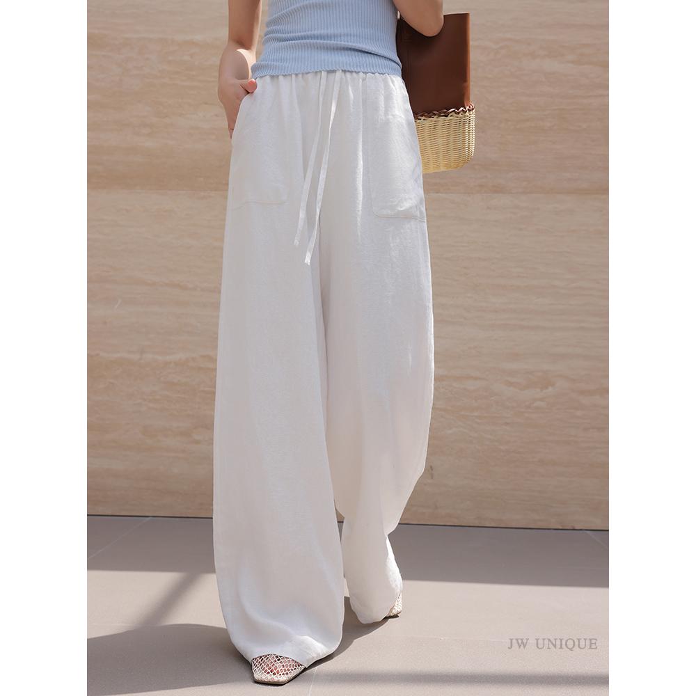 Women s Off-White Linen Wide-Leg Drawstring Pants - High-Waisted, Casual for Spring/Autumn 2026 Small