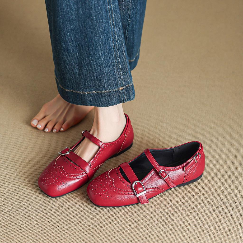 New Model586-12 Vintage Block Carved Artistic Mary Jane Shoes Women'S Buckle Flat Commuter Flats