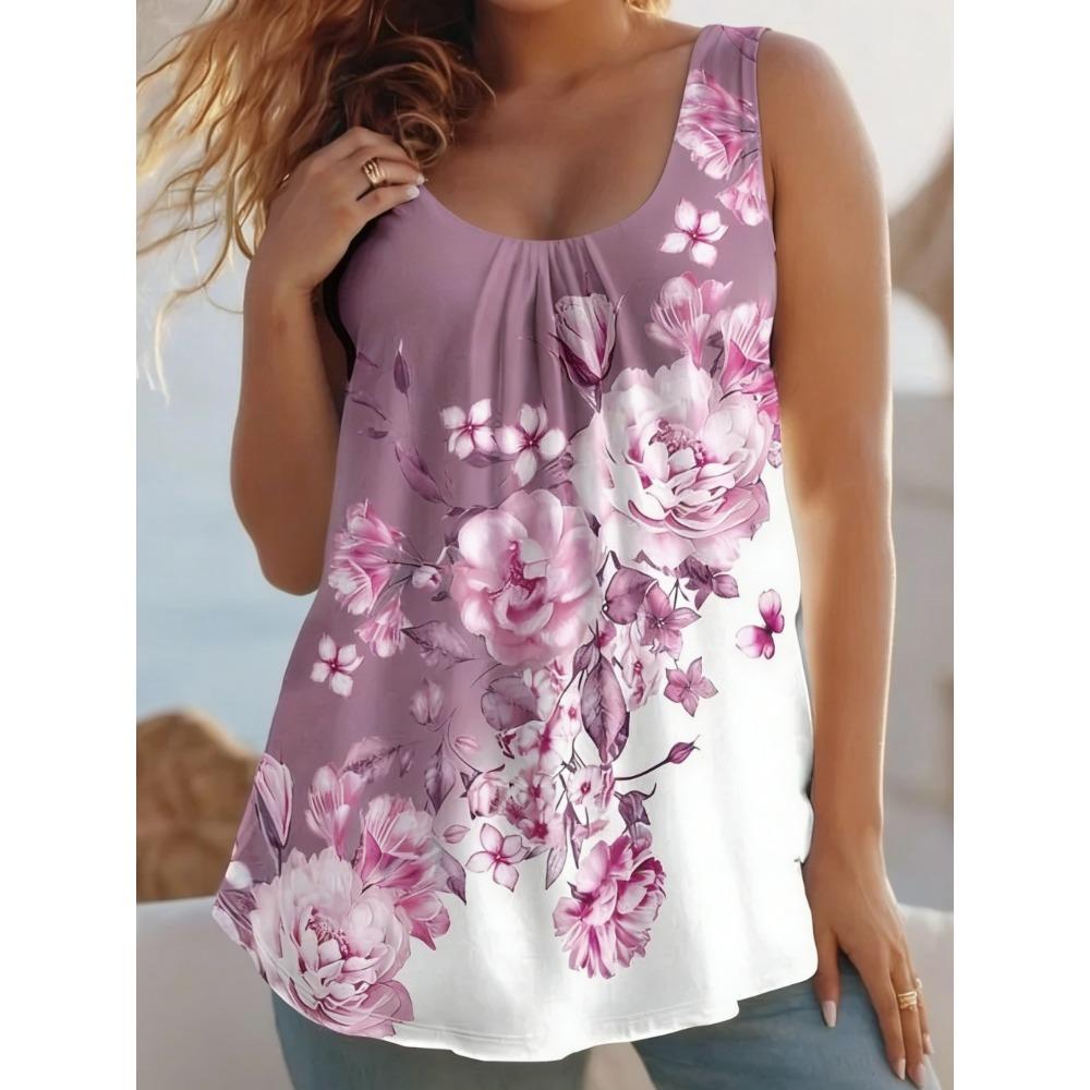 Summer Women's Large Size 3D Printing Flower Vest Loose Fashionable Comfortable Soft Breathable O Neck Sleeveless Vest