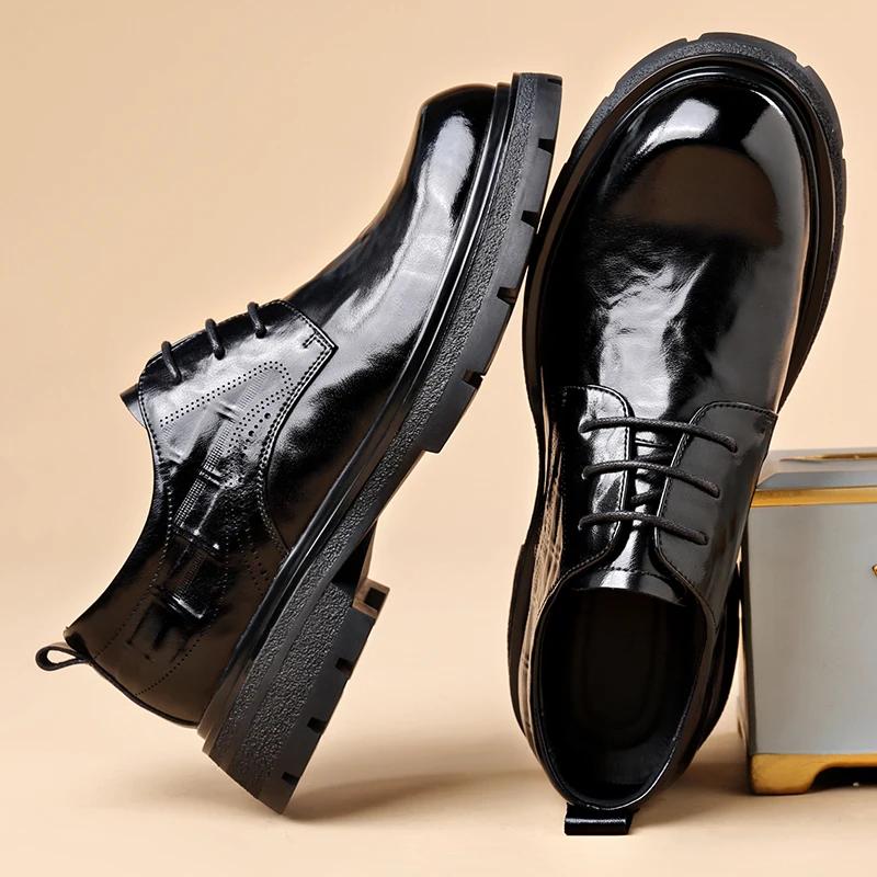 Fashion Men Leather shoes Platform Oxfords lace up Thick Tottom For Male Derby Shoes Casual oxfords Mens Square Toe Formal Dress Shoes