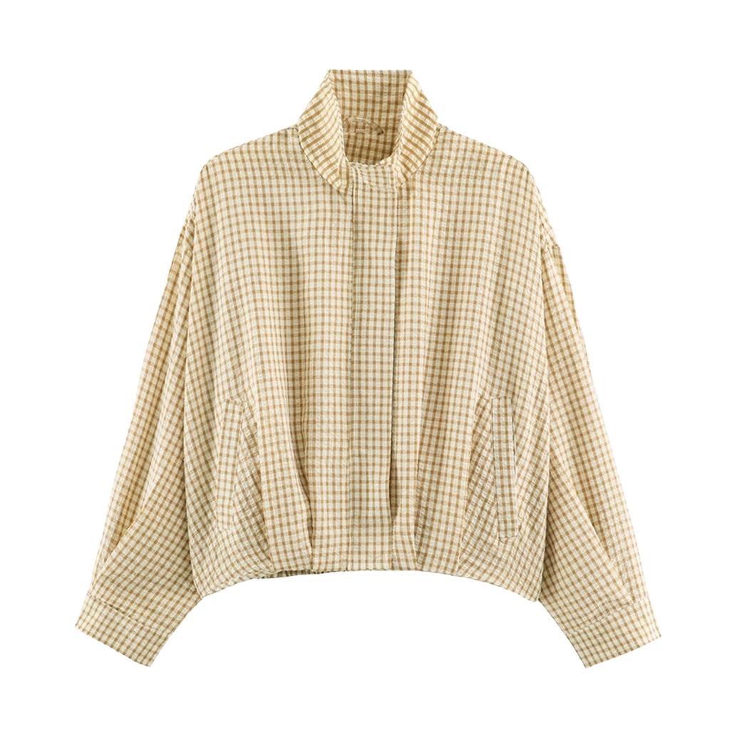Women's Plaid Shirt Jacket with Long Sleeves and Adjustable Tie Collar for Casual Wear