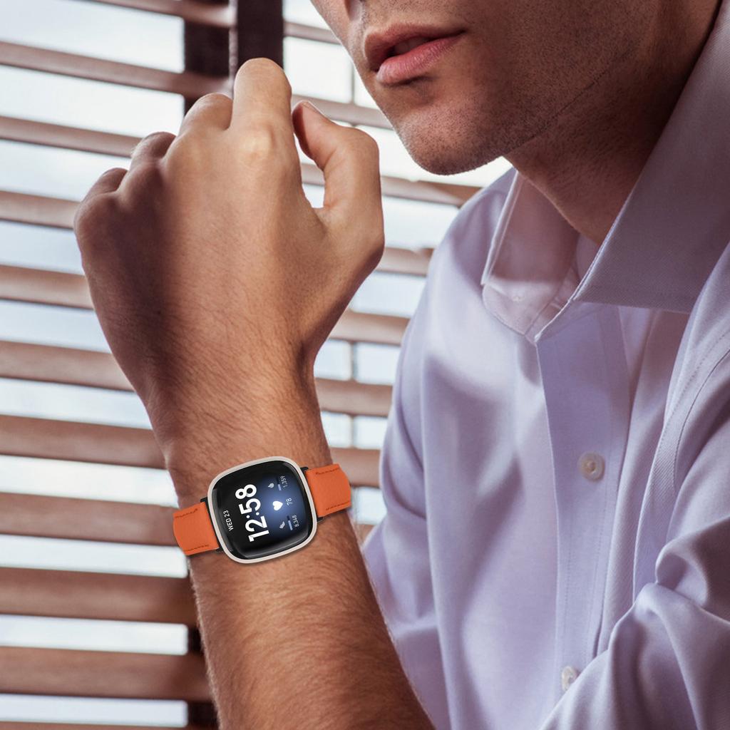 Litchi Textured Genuine Cow Leather Strap with Electroplated Buckle for Fitbit Versa 3/Sense Pointed-End Watch Band