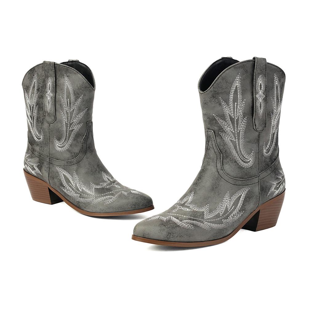 Cowboystiefel Damen Stickerei Western Cowgirl Stiefeletten Knöchel Schlupf Chunky Heel Schuhe für Country Konzert Disco Outfits