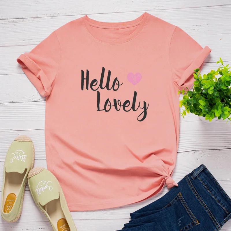 Hello Lovely Heart Print Women T Shirt Short Sleeve O Neck Loose Women Tshirt Ladies Tee Shirt Tops Clothes Camisetas Mujer