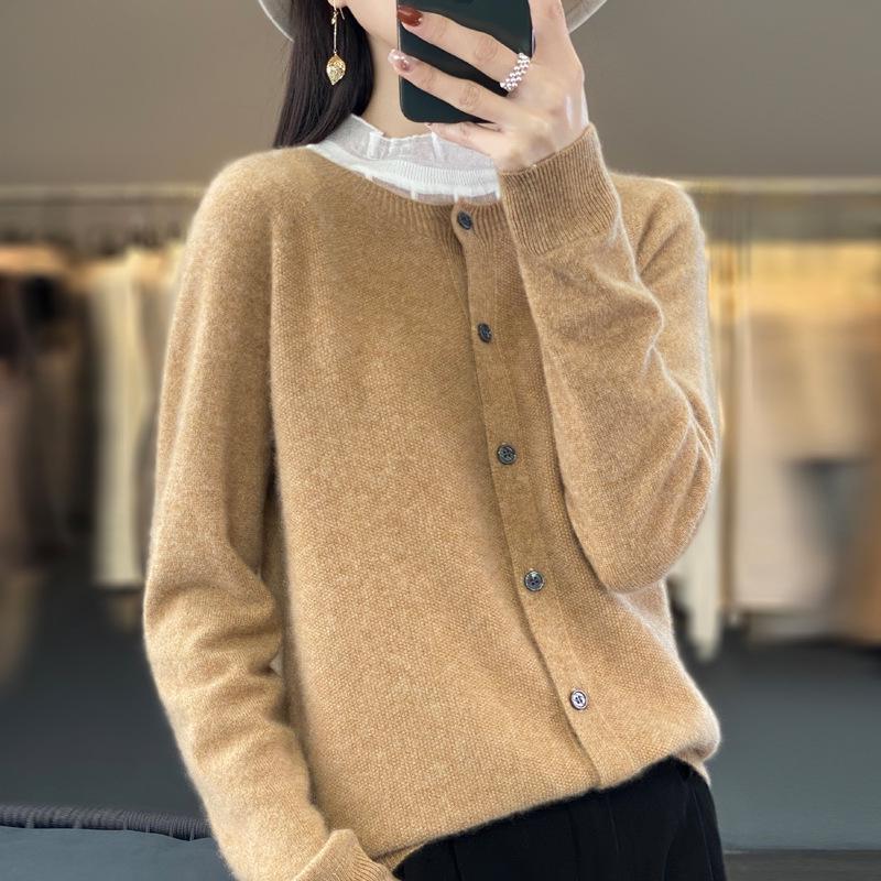 Women's Loose Cashmere Wool Cardigan – Autumn/Winter Osmanthus Stitch Knit Top