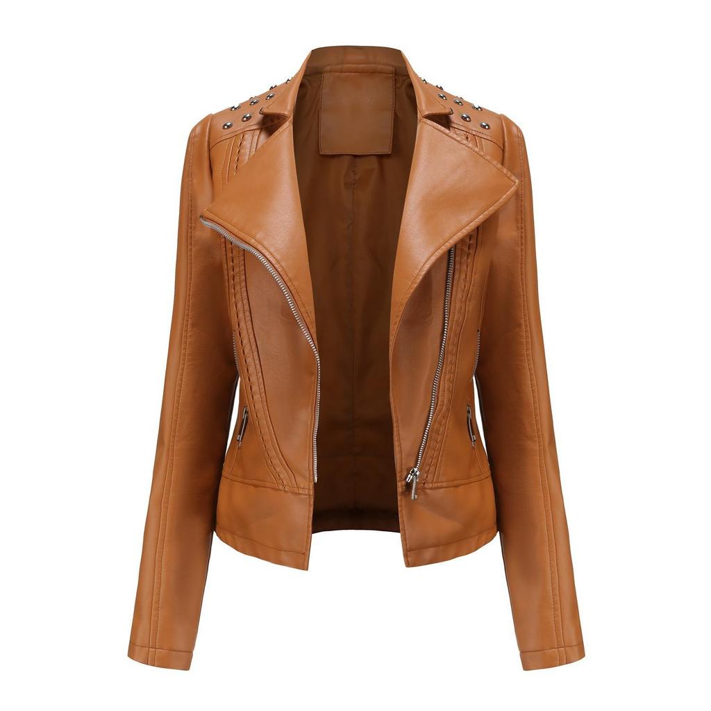 Lederjacke Damen Langärmelige Modejacke Revers Dünn Frühling und Herbst Damenjacke