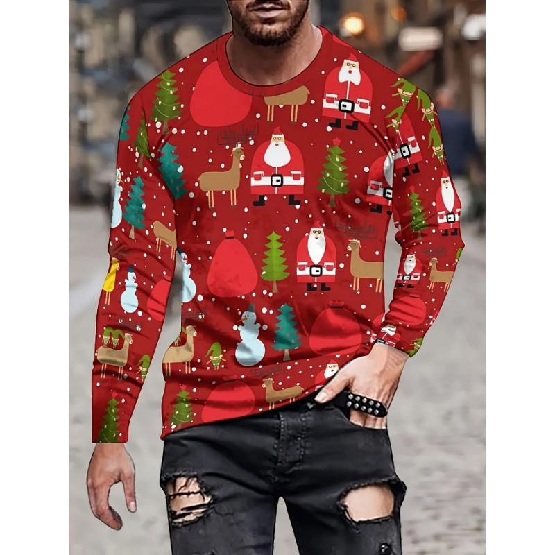 Christmas Theme Santa Claus 3D Prints Casual Men's Long Sleeved T Shirt Tee Sports Pullover Crew Neck Tops Spring&Fall Clothing
