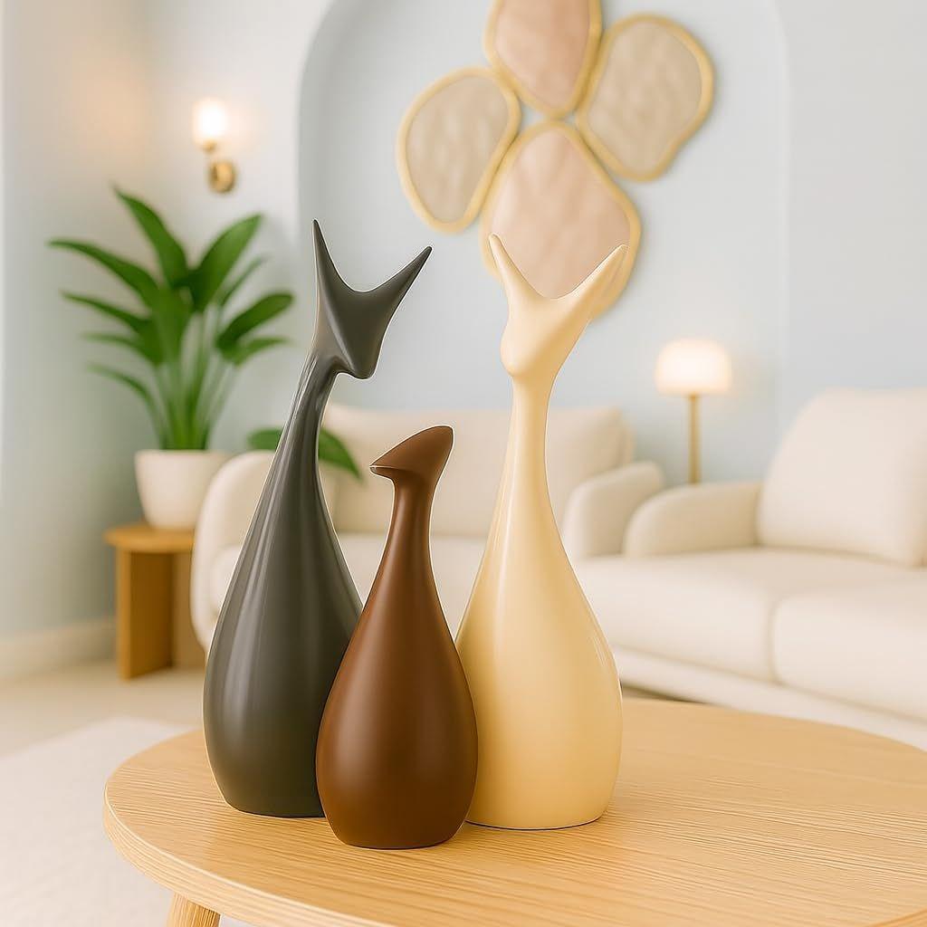 Hjemmedekor Lykkebringende Hjortefamilie Matt Finish Keramikkfigurer - (Sett med 3, Matt brun)