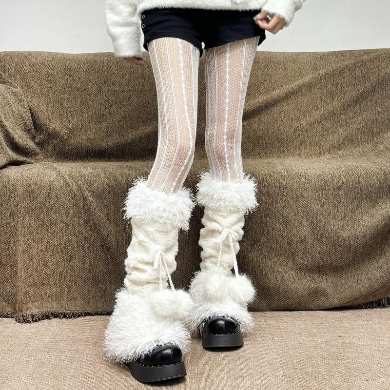 Y2K Fuzzy Leg Warmers With Pom Poms Chessboard Winter Thick Knit Tube Socks Women