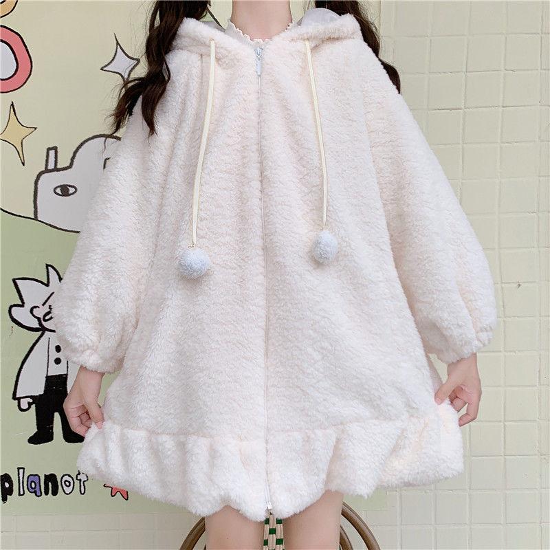 Felpe con cappuccio da donna Solid Zip-up manica lunga lanterna con cappuccio orecchie di coniglio Lolita carino dolce ragazze stile Harajuku capispalla larghi caldi