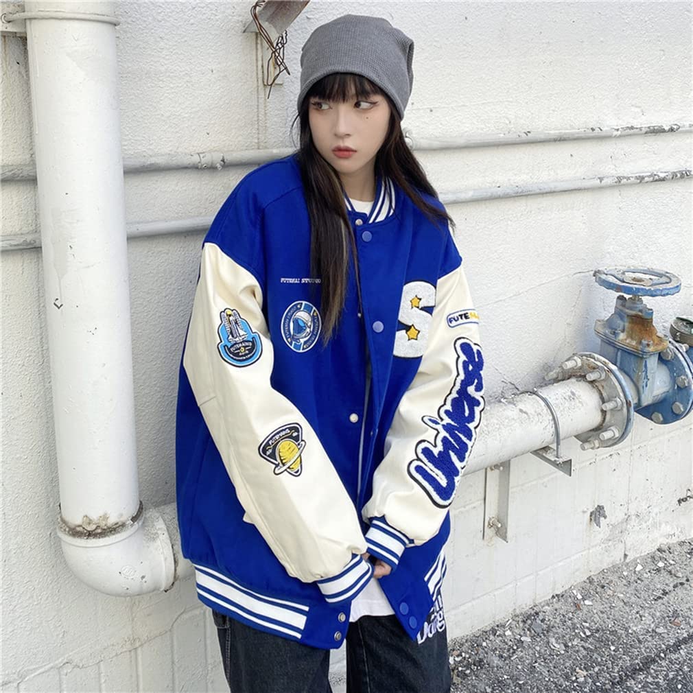 KOSIKINI Varsity Jacket for Men and Loose Cold Plus Size Women, Fit, Embroidered, Weather, Patchwork, Streetwear, (2XL, Blue)