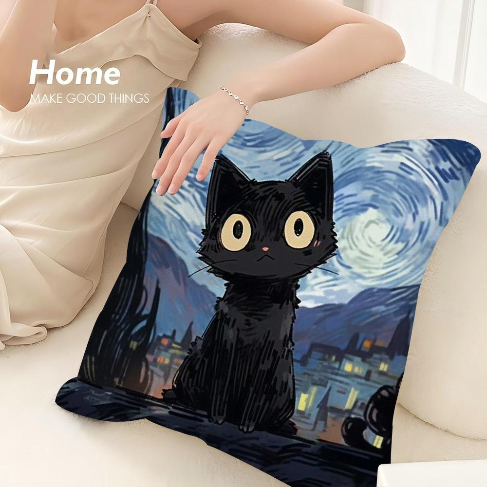 Van Gogh Starry Sky Cat Pillow Case Sofa Decorative Home Double-sided Print Plush Square Throw Pillow Covers Cushion Decor Cover