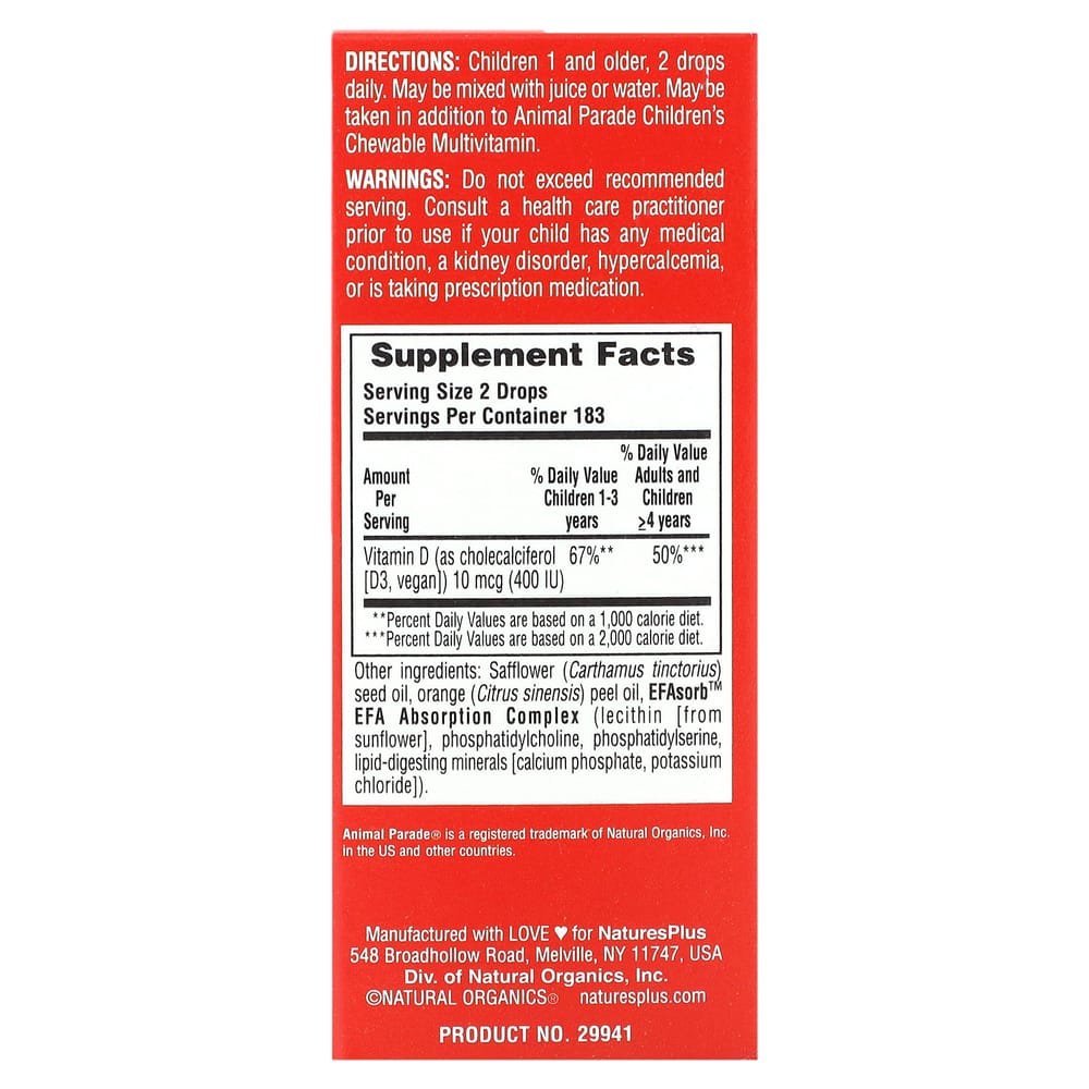 Nature's Plus Animal Parade Vitamin D3 Drops, Orange Flavor, 400 IU, 10ml (0.34oz)