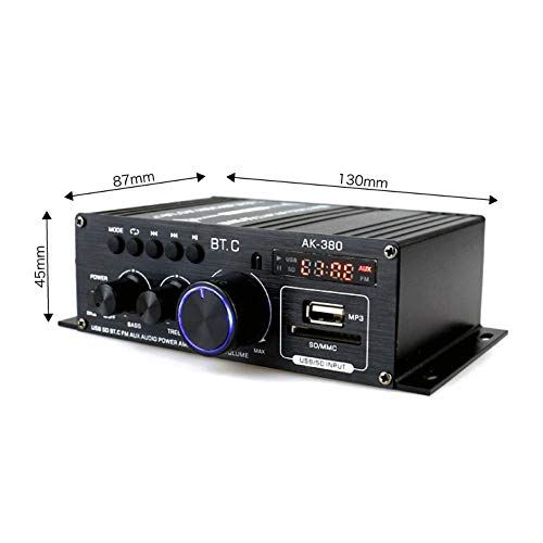 Kompakter 2-Kanal-Audioverstärker mit Bluetooth 5.0, 40W + 40W Ausgang, USB/SD-Kartenwiedergabe, Aluminiumgehäuse, Hi-Fi Stereo, 12V/2A Netzteil, Fernbedienung