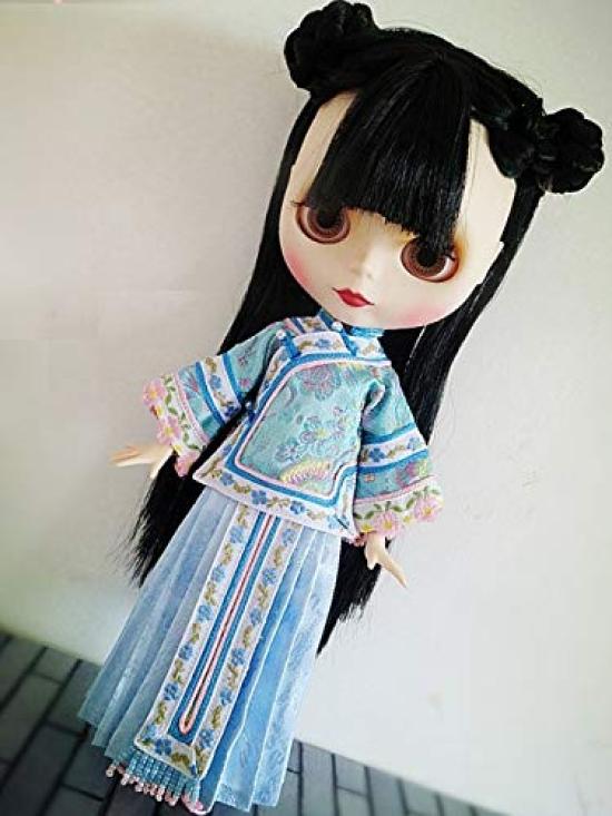 Dolly Para Blythe Outfit Azone Kompatibel Cheongsam Blau mit Perlenstickerei OB24/Licca-chan