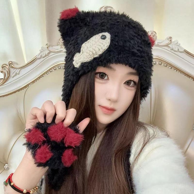 Cute Cat Claw Plush Hat for Women's Ear Protection Lei Feng Hat Knitted Cartoon Riding Warm Versatile Bag Head Hat Men
