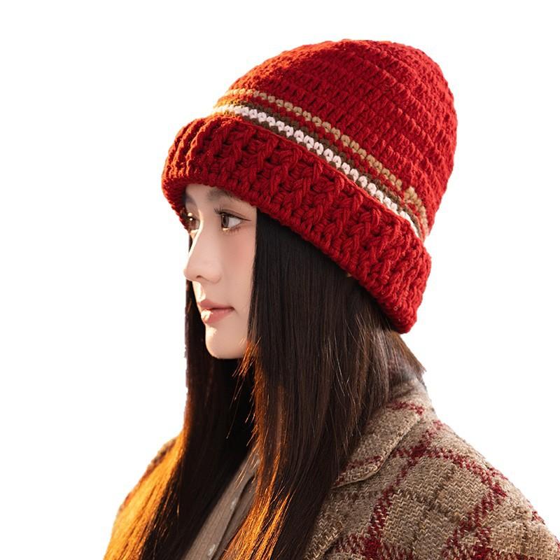 All-match Color Blocked Striped Wool Hat for Women In Autumn and Winter Outdoor Travel Windproof Ear Protection Hat Thickened Warm Pullover Hat
