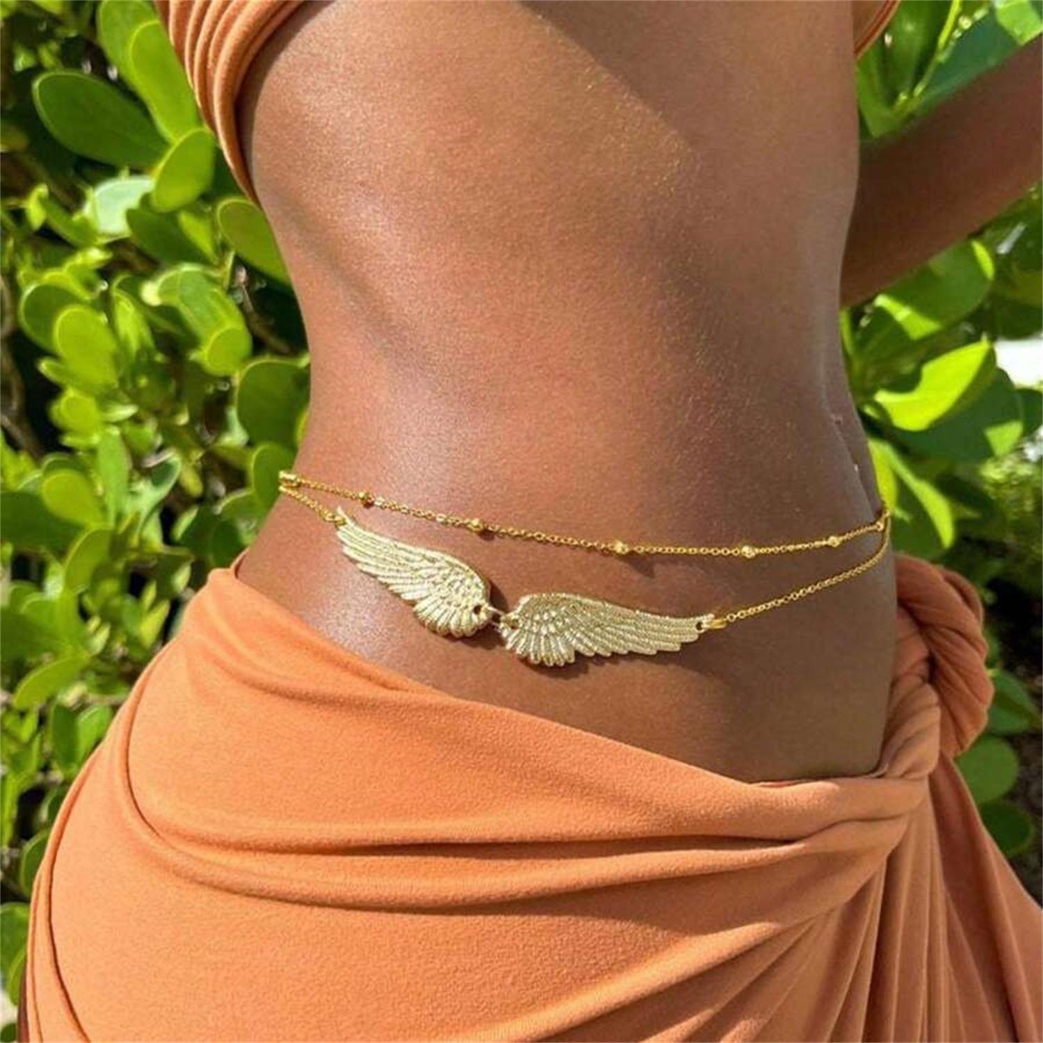 

Sexy Angel Wings Belly Chain For Women Double Layer Gold Color Beaded Butterfly Heart Cross Design Waist Chain Girl Body Jewelry