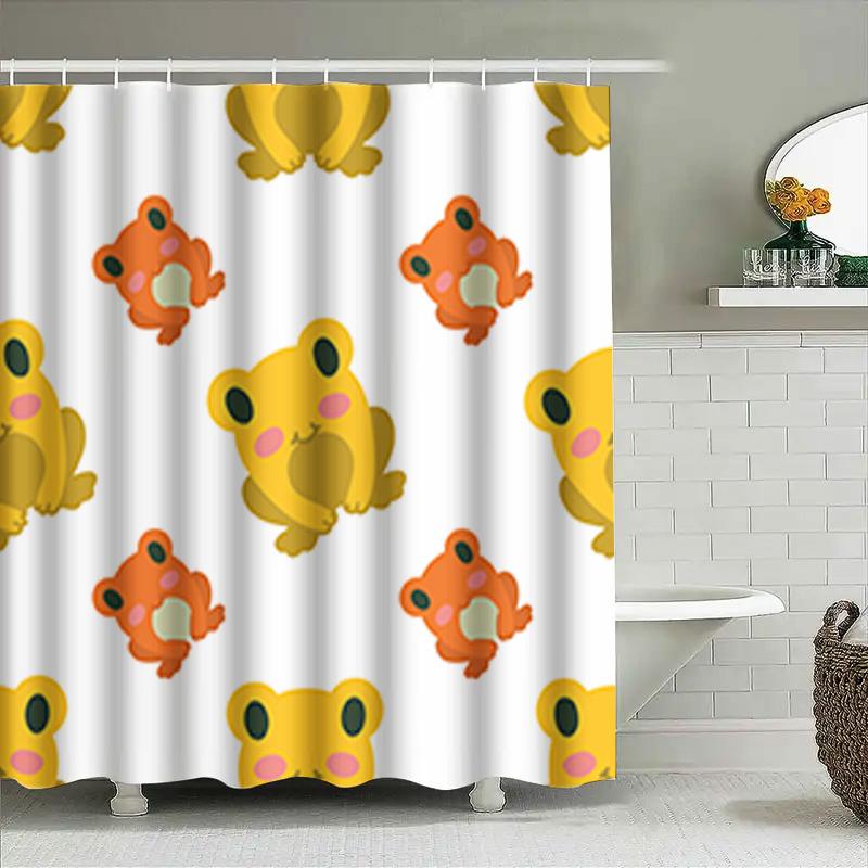 Polyester Waterproof Bathroom Curtains With Cartoon Animal Prints For Kids, Featuring Cute Frogs In Yellow And Orange Colors Mod