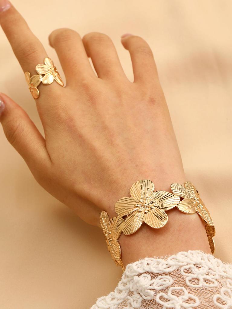 Bold Leopard Print Geometric Bangle & Ring Set - Adjustable Hand Jewelry for Women