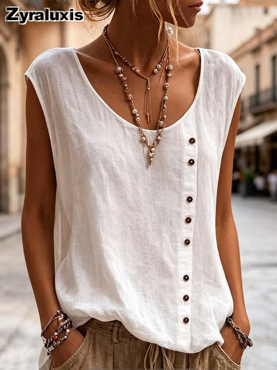 Women s Summer Casual Loose U-Neck Button Sleeveless Tunic Tank Top S