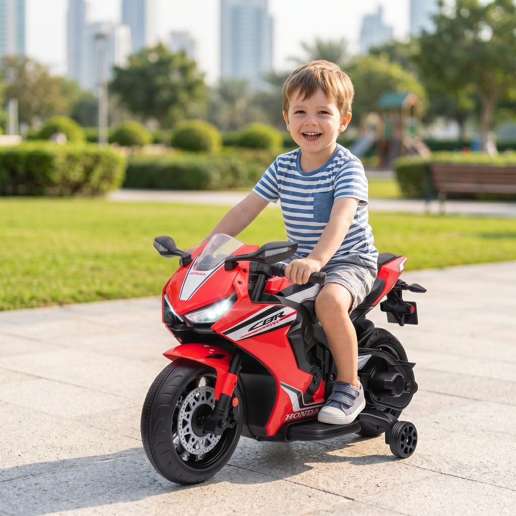 Electric Motorcycle for Children, Licensed Honda, 6 V, 3 km/h, Music, Lights, 2 Training Wheels, Red