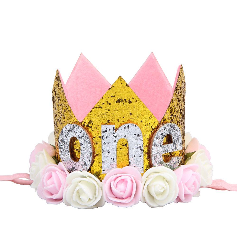 Cross-Border 1st Birthday Crown Headband: Princess Gold & Pink Party Accessory for Girls