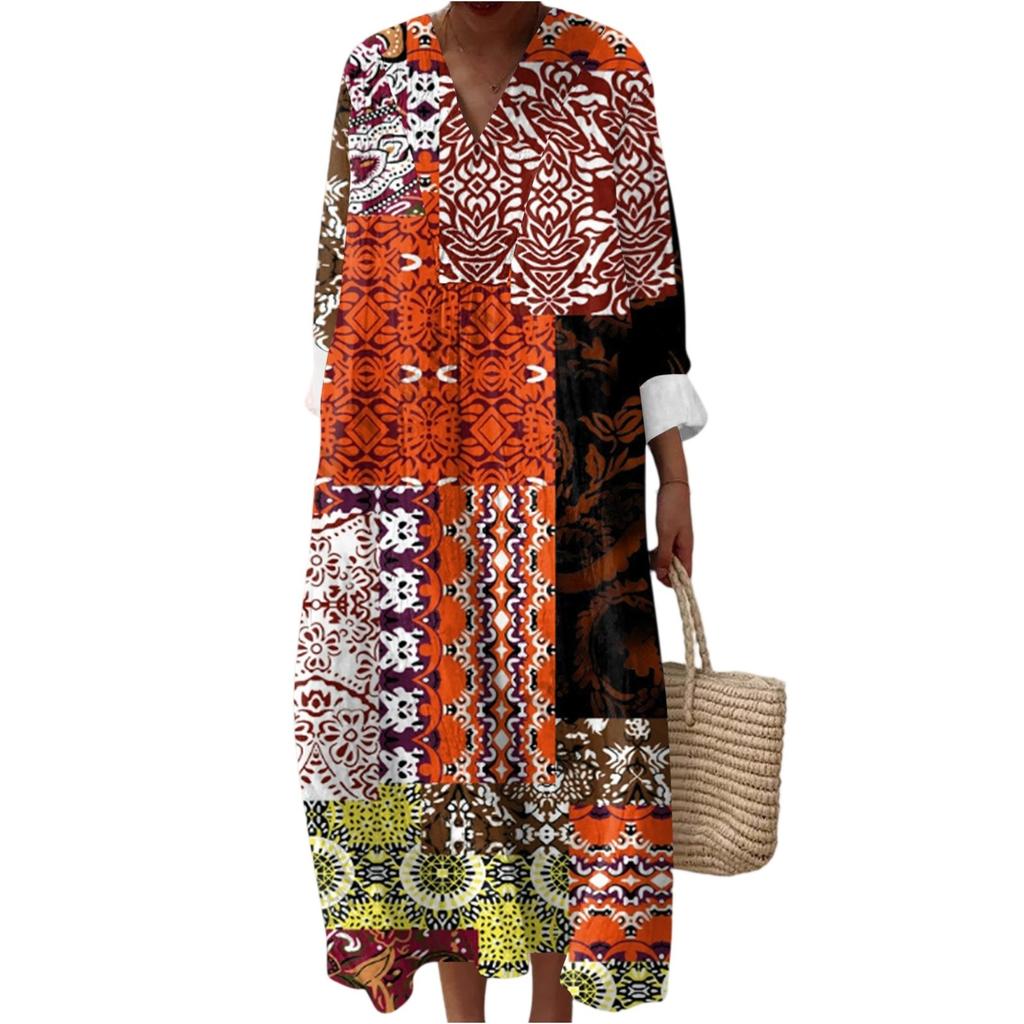 Women's Casual Fashion V-Neck Long Sleeve Floral Print Maxi Dress