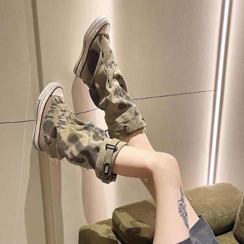 Women's Spring Graffiti High Canvas Boots Round Head Middle Follow Anti Slip Boots Women Leisure Fashion Rubber