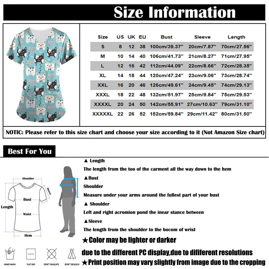 Women's Printing Short Sleeve V-neck Tops Working Uniform Pocket Blouse