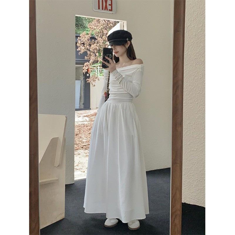 French Hepburn style one-word shoulder long-sleeved dress women's clothing autumn waist thin small black dress temperament A-word long dress