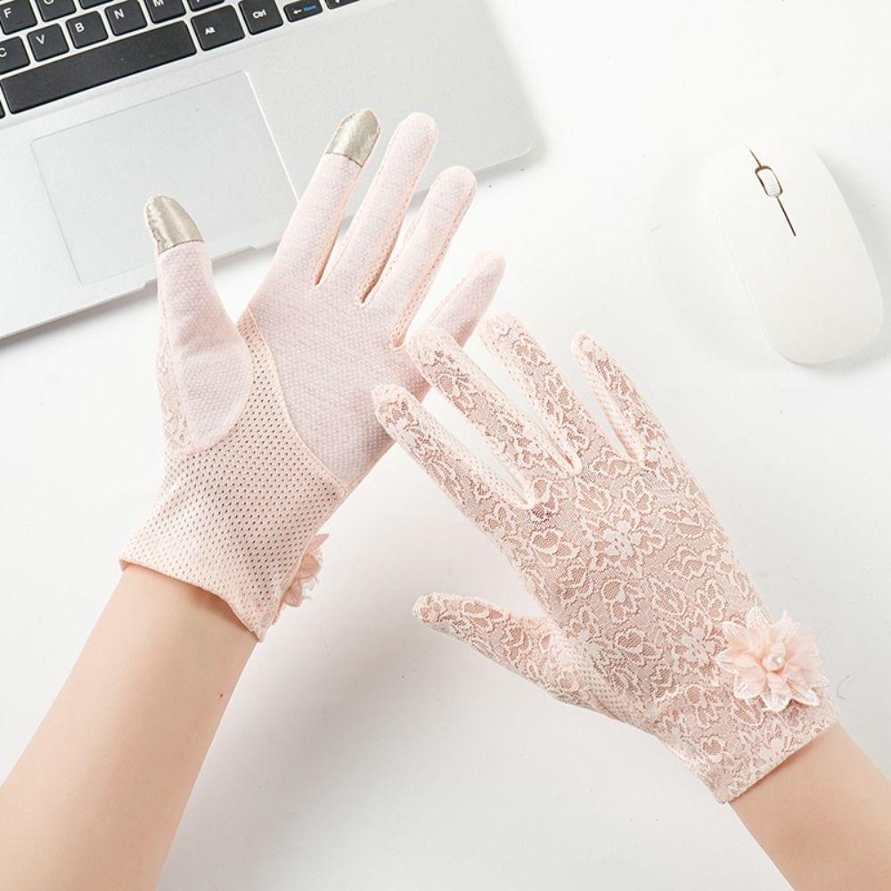 Anti-skid Women Sun Protection Gloves Lace Full-finger Design Ice Silk Lace Gloves Sunscreen Thin Material