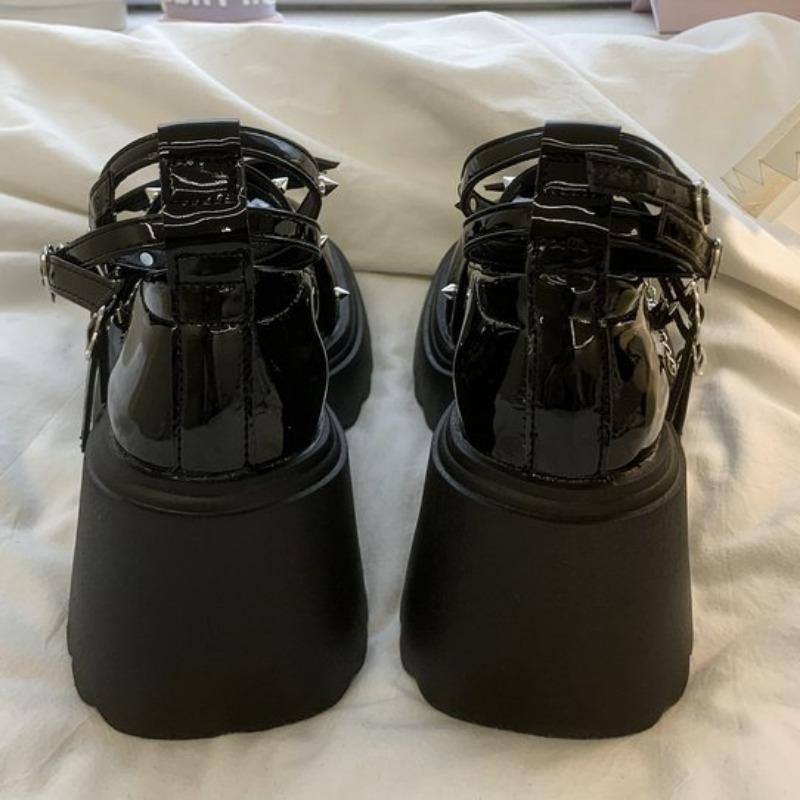Fashion Spring Chunky Mary Jane Shoes for Women Round Head Shallow Mouth Rivet Waterproof Platform Anti-slip Wear-resistant High Heels