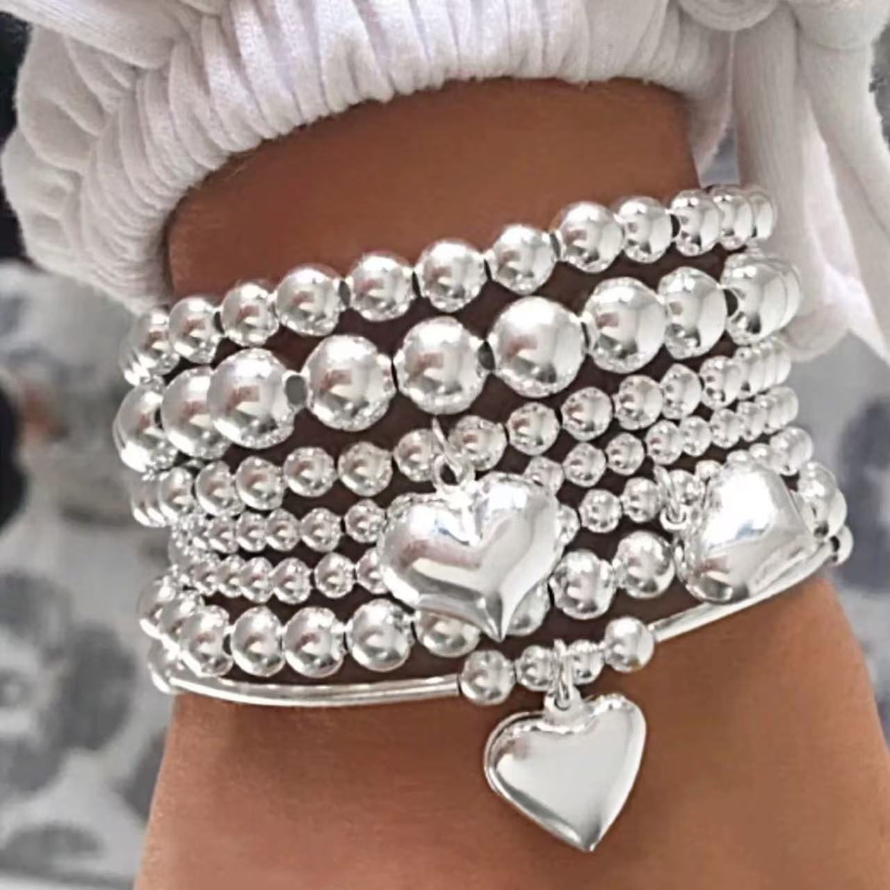 

Vintage Multi-layer Layered CCB Bead Bracelet Set Fashion Heart-shaped Pendant Women s Elegant Daily Party Vacation Zircon Gift