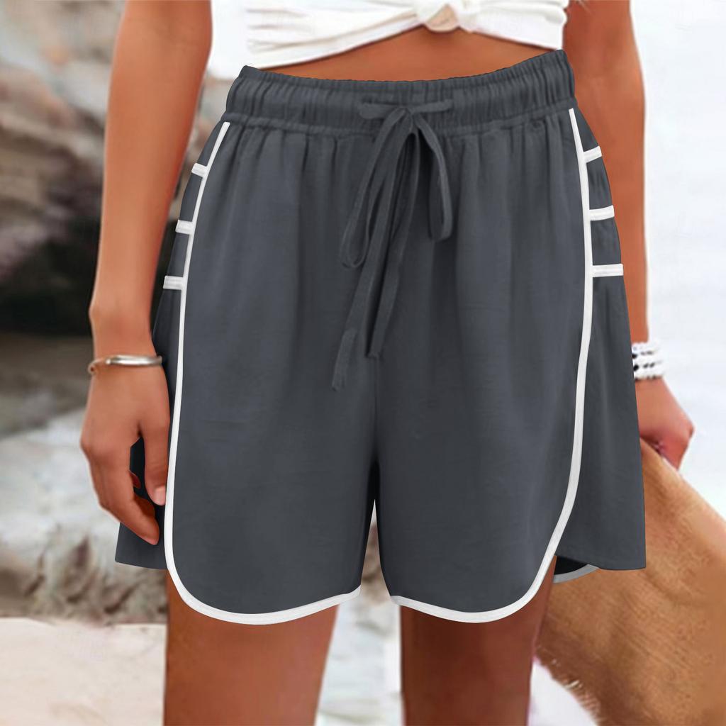Women's Color Casual And Fashionable Drawstring Pocket Cotton And Linen Shorts