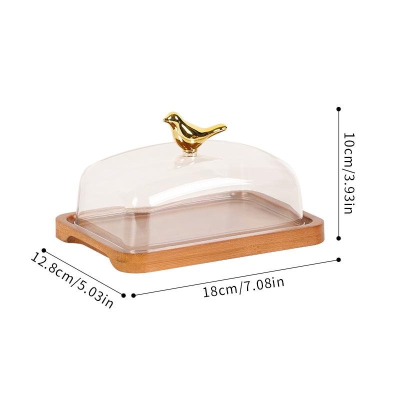 Rectangular Acacia Wood Butter Plate Glass Cover Cheese Butter Plate Snack Cake Dessert Plate Butter Box Tableware