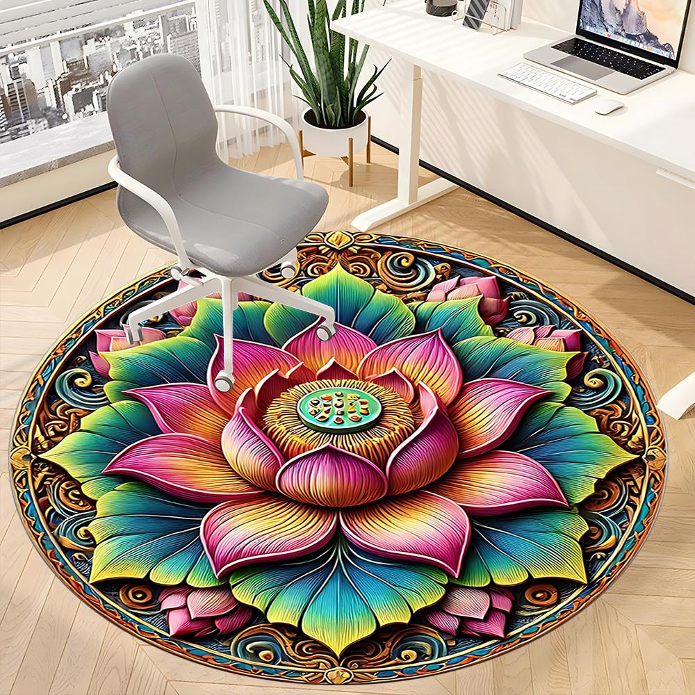 1pc Lotus Mandala Chair Carpet for Office, Round Non Slip Durable Large Size Office Carpet, Suitable for Office