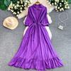 French Light and Mature Style Temperament Single-breasted Lapel Seven-quarter Sleeve Dress Women's Summer Strap Waist Ruffle Edge Long Dress