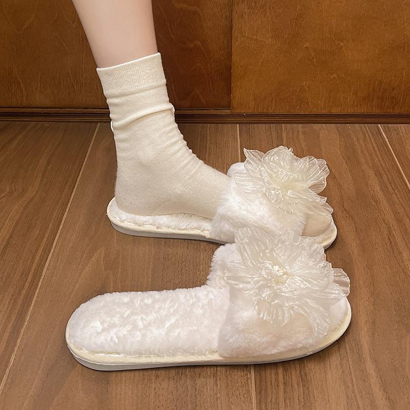 fashion 2024 Winter New Fashion Women's Solid Color Plush Flower Decorated Cotton Mops