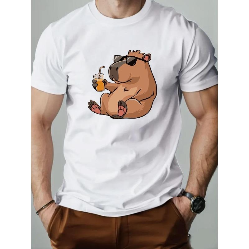 European Size Men's Capybara Print T-Shirt - Funny Capybara Drinking & Smoking-Like Pose-Lightweight Breathable Short Sleeve Round Neck Tee for Casual