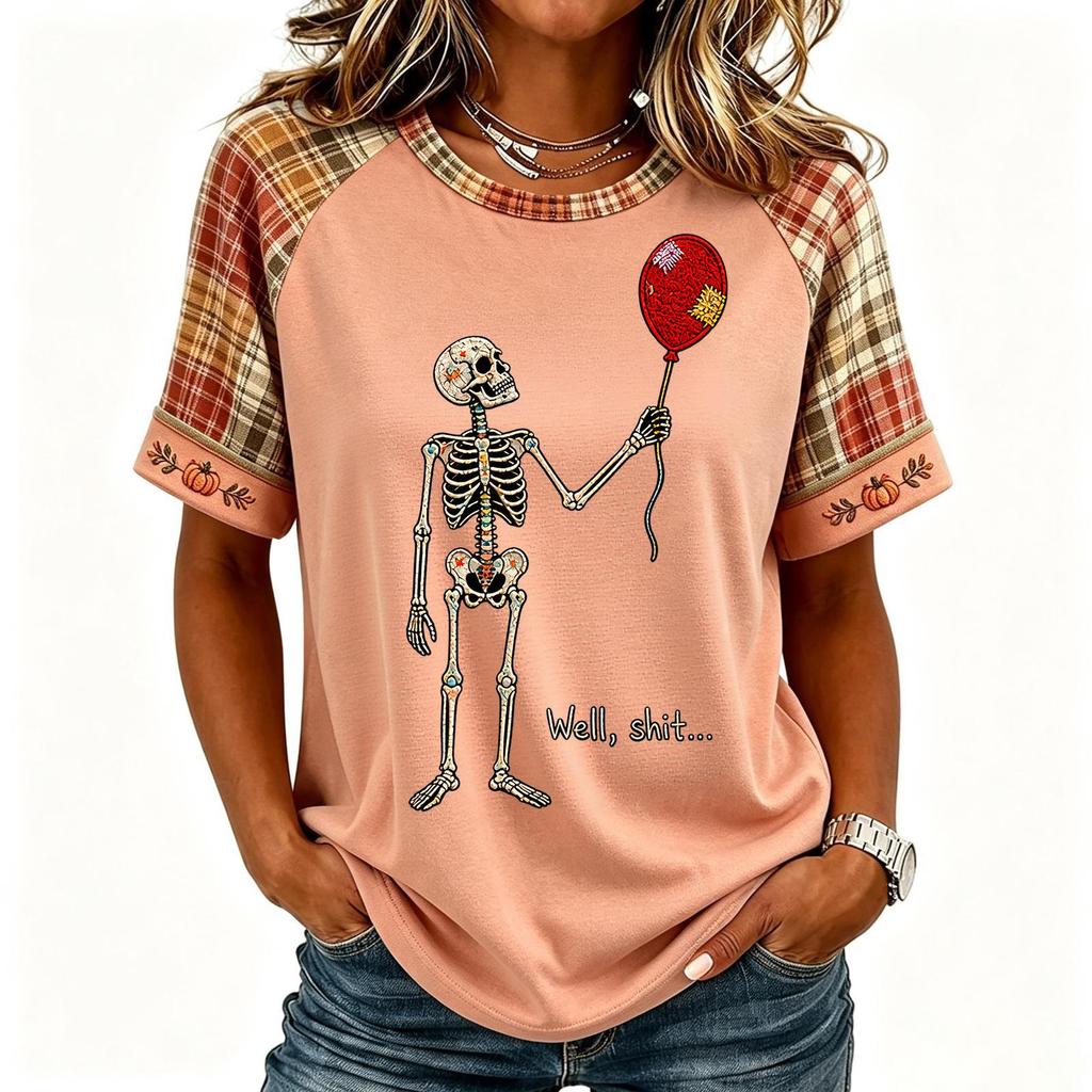 Women's Halloween Short Sleeve T-Shirt Neck Raglan Print Top