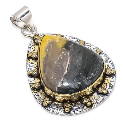 Natural Bumble Bee Jasper Stone 925 Sterling Silver Two Tone Pendant 2.32" m4M34