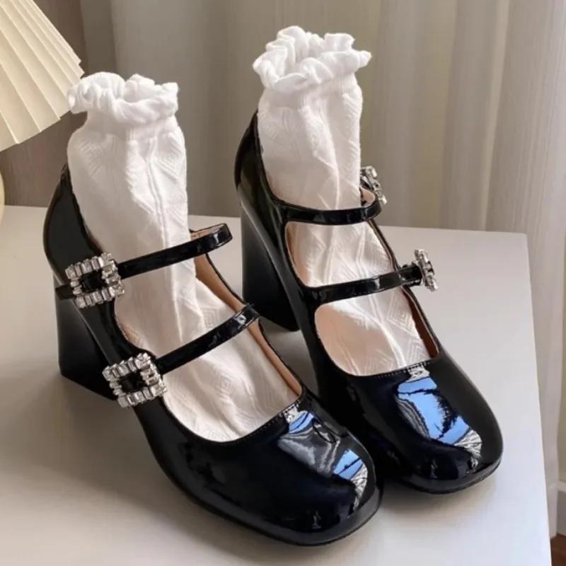 Fashion Elegant Woman Heeled Shoes Round Toe Shallow Mary Janes Women's High Heels Fashion Chunky Heel Buckle Strap Female Party Pumps