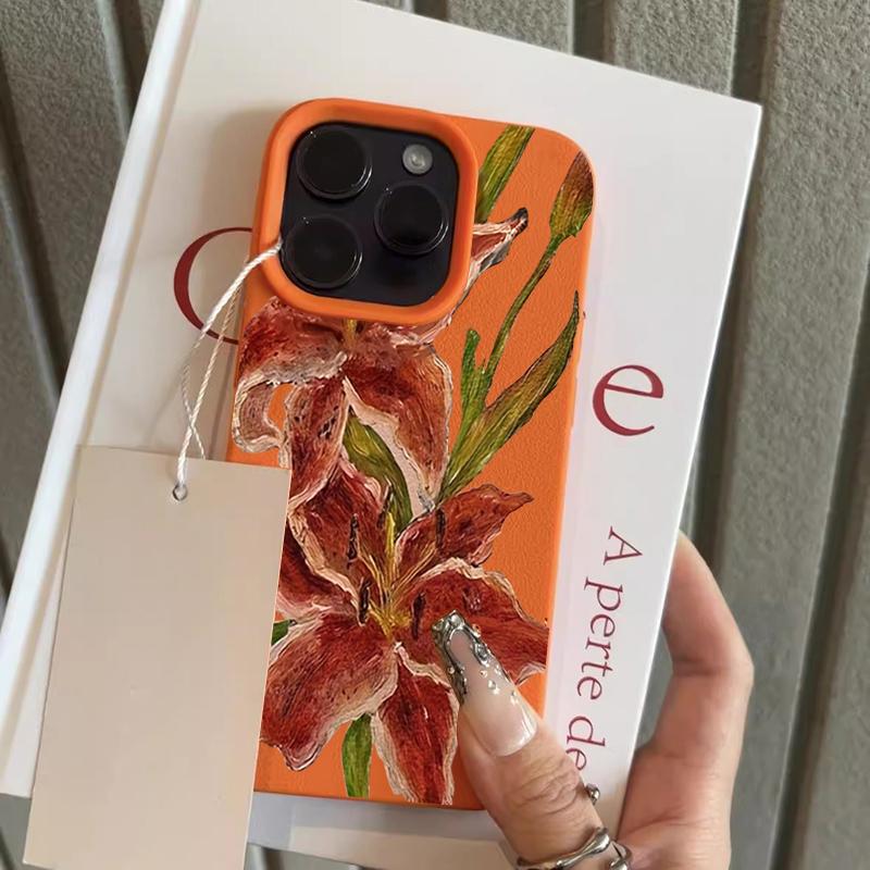 

Oil Painting Wind Red Lily Pattern Lychee Texture Silicone Phone Case For iPhone 11 12 13 14 15 16 17 Pro Max Plus 17Air Cover iPhone 15